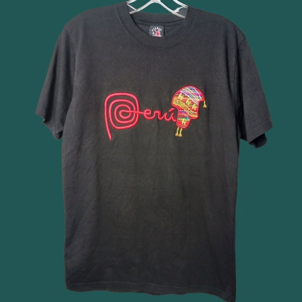 Peru Inka Llama Embroidered Cotton T-Shirt Black/Red Size Small